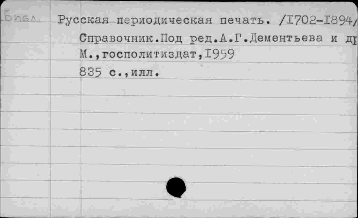 ﻿Русская периодическая печать. /1702-1894/ Справочник.Под ред.А.Г.Дементьева и Д£ М.,госполитиздат,1959 835 с.,илл.